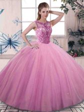  Rose Pink Tulle Lace Up Scoop Sleeveless Floor Length Sweet 16 Dresses Beading