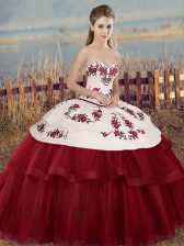 Elegant White And Red Quinceanera Dress Military Ball and Sweet 16 and Quinceanera with Embroidery and Bowknot Sweetheart Sleeveless Lace Up