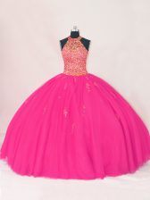  Floor Length Lace Up Vestidos de Quinceanera Hot Pink for Sweet 16 and Quinceanera with Beading and Appliques