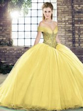 Best Lace Up Quinceanera Dresses Gold for Military Ball and Sweet 16 and Quinceanera with Beading Brush Train