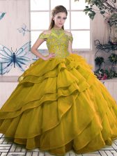 Cute Floor Length Brown Vestidos de Quinceanera High-neck Sleeveless Lace Up