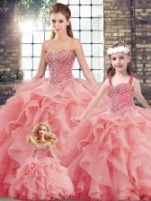 Modern Watermelon Red Sleeveless Tulle Brush Train Lace Up Quinceanera Dresses for Military Ball and Sweet 16 and Quinceanera