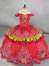  Red Ball Gown Prom Dress Sweet 16 and Quinceanera with Embroidery Off The Shoulder Sleeveless Lace Up