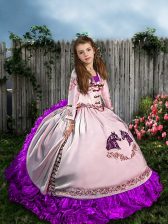 Stunning White Sleeveless Satin and Organza Sweep Train Lace Up Glitz Pageant Dress for Wedding Party