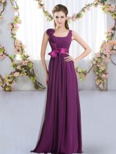 Dynamic Straps Sleeveless Vestidos de Damas Floor Length Belt and Hand Made Flower Dark Purple Chiffon