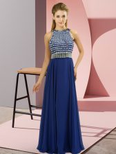 Inexpensive Blue Empire Organza Scoop Sleeveless Beading Floor Length Side Zipper Prom Party Dress