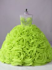  Yellow Green Fabric With Rolling Flowers Lace Up Ball Gown Prom Dress Sleeveless Brush Train Beading