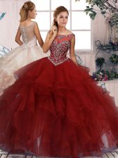 Latest Burgundy Ball Gowns Scoop Sleeveless Organza Floor Length Zipper Beading and Ruffles Quinceanera Dress