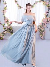  Off The Shoulder Short Sleeves Quinceanera Dama Dress Floor Length Belt Grey Chiffon