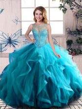  Aqua Blue Lace Up 15th Birthday Dress Beading and Ruffles Sleeveless Floor Length