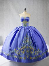  Sleeveless Satin Floor Length Lace Up Quince Ball Gowns in Purple with Embroidery