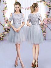 Graceful Tulle Scoop Sleeveless Zipper Lace and Belt Court Dresses for Sweet 16 in Grey