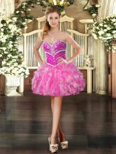 Fantastic Organza Sweetheart Sleeveless Lace Up Beading and Ruffles in Hot Pink