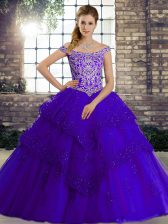  Purple Off The Shoulder Neckline Beading and Lace Quinceanera Dress Sleeveless Lace Up