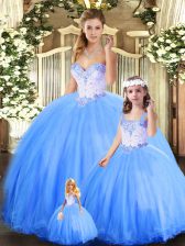 Luxury Sleeveless Tulle Floor Length Lace Up Quince Ball Gowns in Blue with Beading