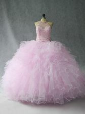 Simple Sleeveless Tulle Floor Length Lace Up Quinceanera Gown in Pink with Beading and Ruffles