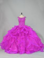 Inexpensive Fuchsia Sleeveless Brush Train Beading 15th Birthday Dress