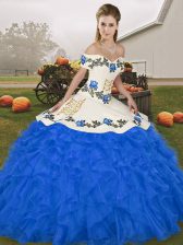 Vintage Royal Blue Ball Gowns Embroidery and Ruffles Vestidos de Quinceanera Lace Up Organza Sleeveless Floor Length