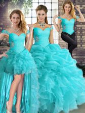 Chic Aqua Blue Sleeveless Organza Lace Up Sweet 16 Quinceanera Dress for Military Ball and Sweet 16 and Quinceanera