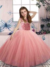  Watermelon Red Ball Gowns Scoop Sleeveless Tulle Floor Length Lace Up Beading Little Girls Pageant Dress
