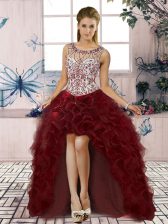 Attractive Burgundy A-line Organza Scoop Sleeveless Beading and Ruffles High Low Lace Up Prom Party Dress