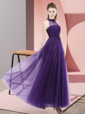 Extravagant Sleeveless Floor Length Beading and Appliques Lace Up Dama Dress with Purple