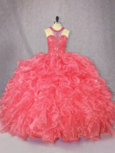 Great Sleeveless Organza Floor Length Zipper 15th Birthday Dress in Coral Red with Beading and Ruffles