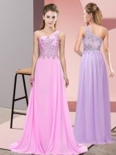 Adorable Floor Length Side Zipper Prom Dress Pink for Prom and Party with Beading