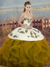 Stylish Brown Ball Gowns Sweetheart Sleeveless Tulle Floor Length Lace Up Embroidery and Ruffles and Bowknot Quinceanera Gowns