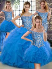High End Sleeveless Brush Train Beading and Ruffles Lace Up Quinceanera Dress