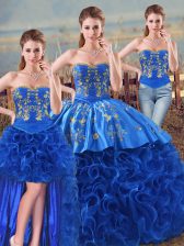 Suitable Sleeveless Floor Length Embroidery and Ruffles Lace Up Sweet 16 Quinceanera Dress with Royal Blue