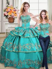 Luxury Aqua Blue Two Pieces Sweetheart Sleeveless Organza Floor Length Lace Up Embroidery and Ruffled Layers 15th Birthday Dress