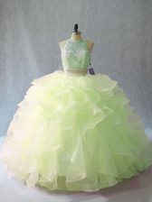  Yellow Green Sleeveless Brush Train Beading and Ruffles Vestidos de Quinceanera