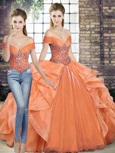  Organza Off The Shoulder Sleeveless Lace Up Beading and Ruffles Ball Gown Prom Dress in Orange
