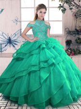 Custom Fit Turquoise Sleeveless Floor Length Beading and Ruffles Lace Up Ball Gown Prom Dress