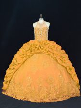  Ball Gowns Quinceanera Gown Gold Halter Top Taffeta Sleeveless Floor Length Lace Up