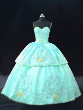 Fabulous Aqua Blue Lace Up Sweetheart Embroidery Vestidos de Quinceanera Satin Sleeveless