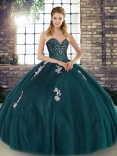 Custom Design Peacock Green Lace Up Vestidos de Quinceanera Beading and Appliques Sleeveless Floor Length