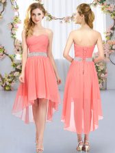 High Class High Low Watermelon Red Quinceanera Dama Dress Chiffon Sleeveless Belt