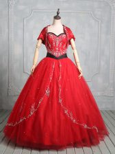  Tulle Sweetheart Sleeveless Lace Up Embroidery Quinceanera Gown in Red