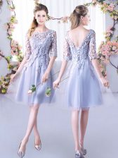 Stunning Grey High-neck Lace Up Lace Vestidos de Damas Half Sleeves