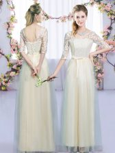 Stylish Tulle V-neck Half Sleeves Lace Up Lace and Bowknot Dama Dress in Champagne