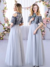Affordable Grey Empire Appliques Damas Dress Zipper Tulle Short Sleeves Floor Length