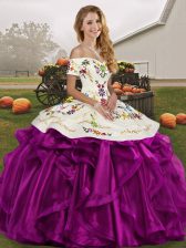 Captivating Off The Shoulder Sleeveless Sweet 16 Dresses Floor Length Embroidery and Ruffles White And Purple Organza