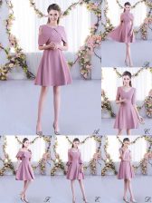  Pink A-line Chiffon Scoop Half Sleeves Ruching Mini Length Zipper Vestidos de Damas