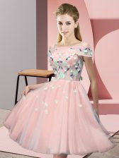  Knee Length Pink Dama Dress for Quinceanera Off The Shoulder Short Sleeves Lace Up