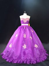 Deluxe Organza Sweetheart Sleeveless Brush Train Zipper Appliques Vestidos de Quinceanera in Purple