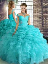 Best Selling Organza Off The Shoulder Sleeveless Lace Up Beading and Ruffles and Pick Ups Quinceanera Dresses in Aqua Blue