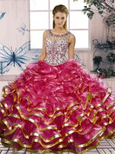 Nice Fuchsia Organza Lace Up Scoop Sleeveless Floor Length Ball Gown Prom Dress Beading and Ruffles