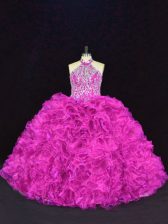  Fuchsia Ball Gowns Halter Top Sleeveless Organza Floor Length Lace Up Beading and Ruffles 15th Birthday Dress